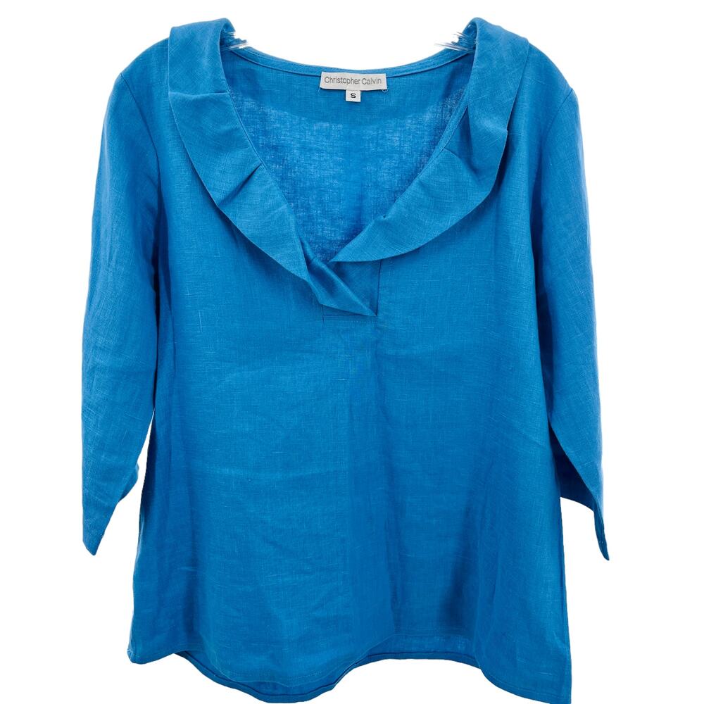 Christopher Calvin Blue Linen Ruffle V Neck 3/4 Sleeve Blouse Pullover Top S
